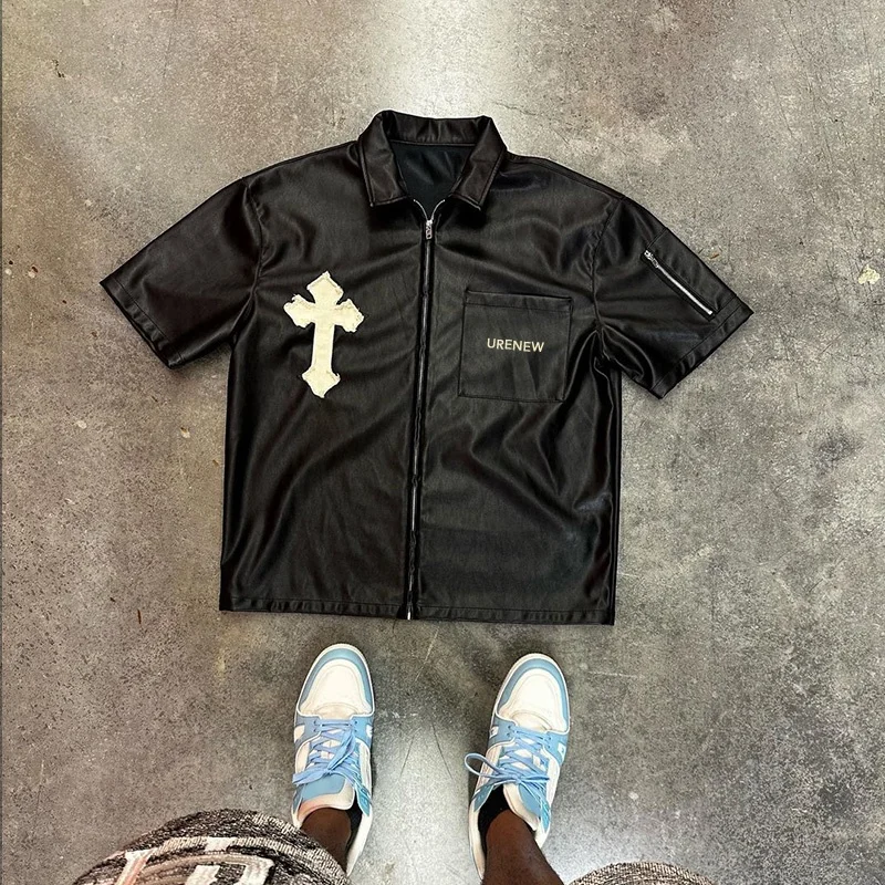 Custom Applique Logo Blue Lining Short Sleeves Button up Chest Flap Pockets Men Pu Leather T-Shirts