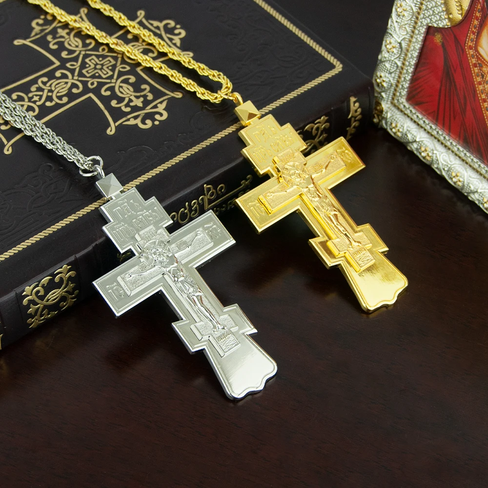 HT Orthodox Cross Greek Russia Ukraine Byzantium Style Gold Silver Plated Crucifix Cross Necklace Pendant