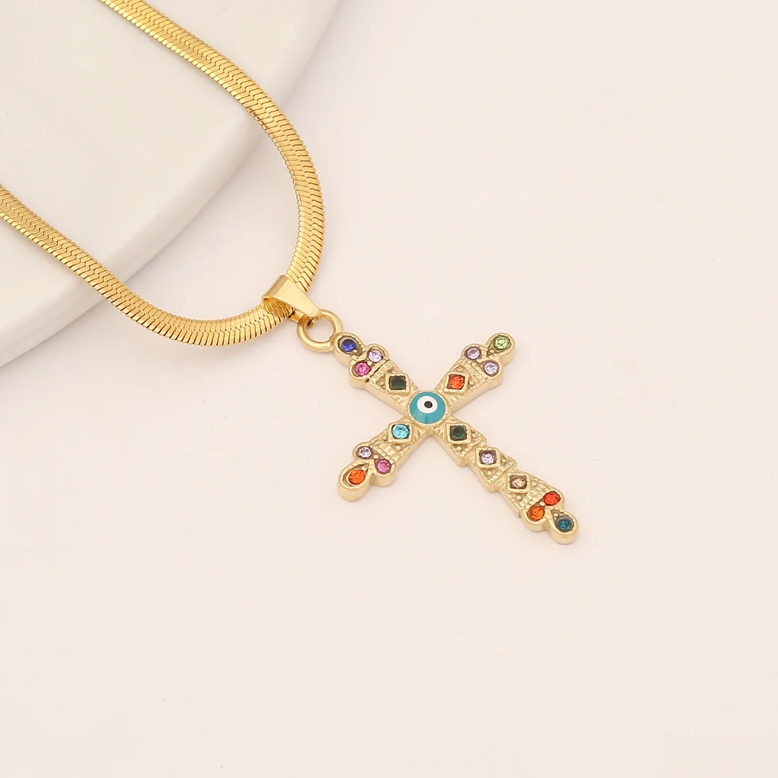 Duyizhao Tarnish free Stainless steel enamel pendant cross Canton Tower dainty eye women necklaces