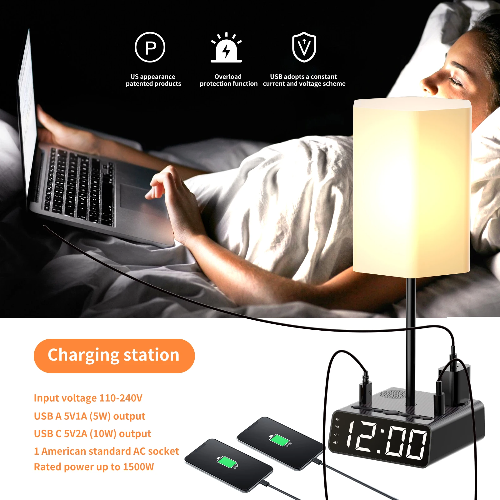 DL820 Desk Charging Station USB C & A AC Ports and Speakers  Dual Alarm Clock Power Outlet Touch Control night light lamp