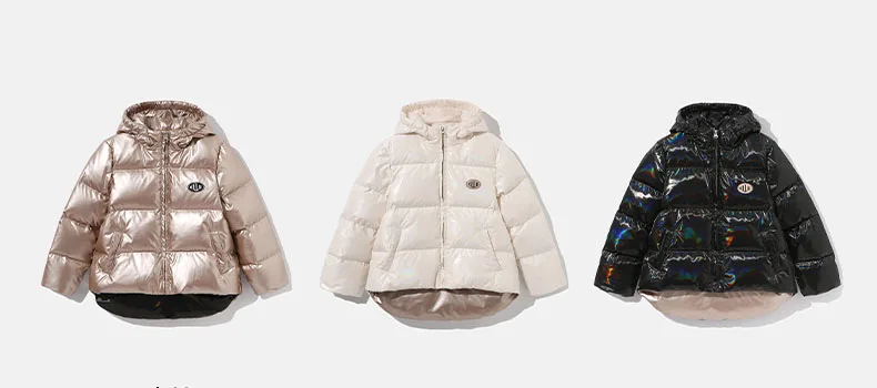 Winter duck feather leather coat lightweight quilted shiny fabric puffer kids girls down jacket