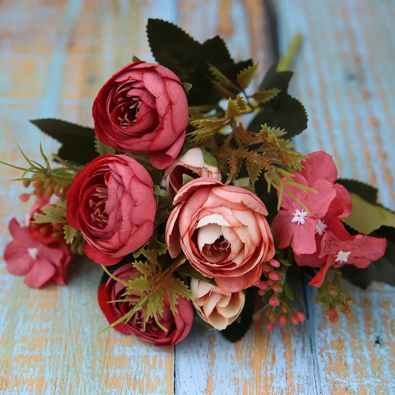 Real Touch Ranunculus Flower Artificial Tea Rose Pink Silk Fabric Wholesale Bundle Flowers for Wedding Decoration