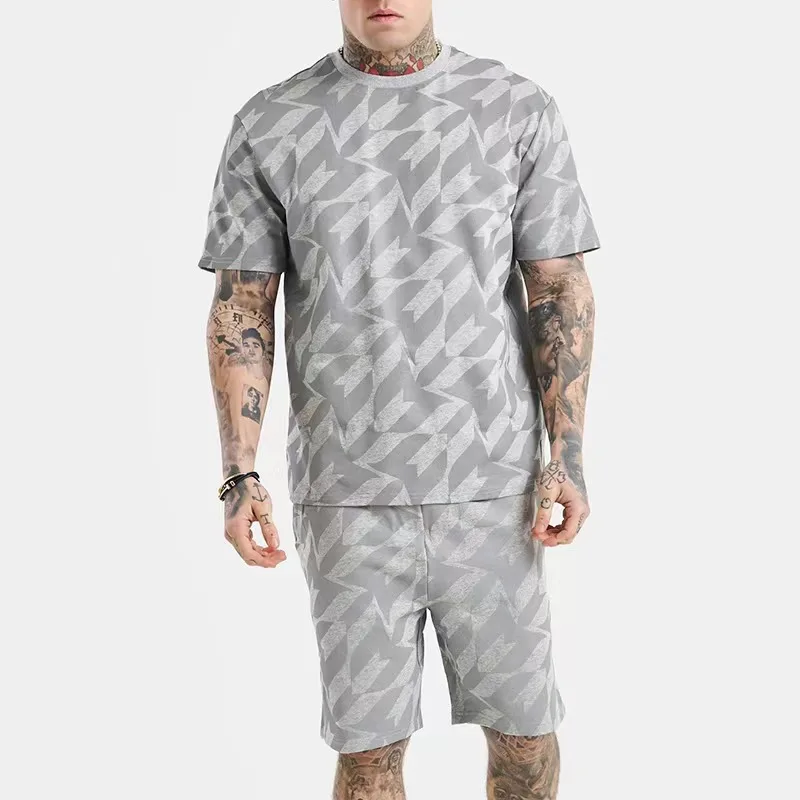 J&H 2023 new arrivals men short sleeve 2 piece shorts set summer fashion all over print casual outfits for activewear