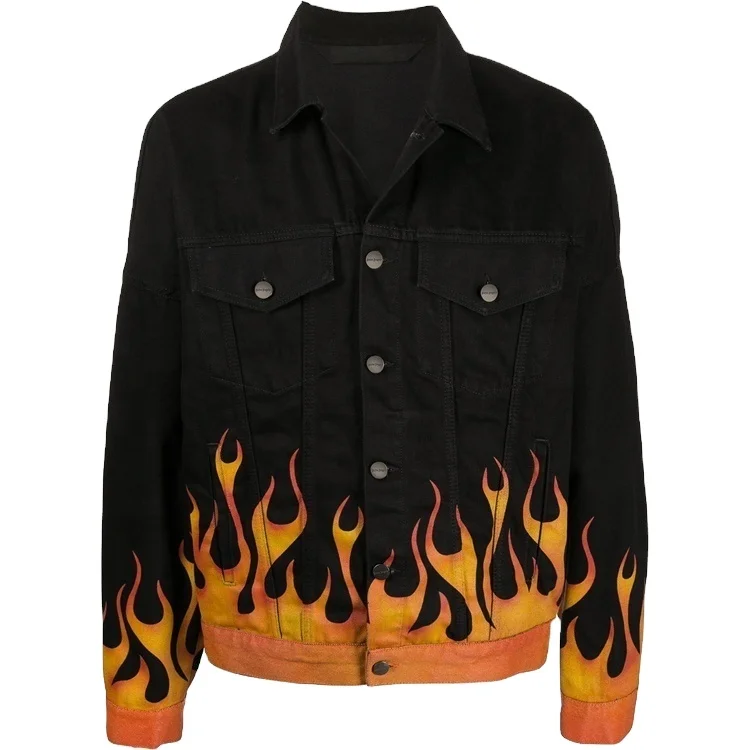 Custom Casual Streetwear Black Denim Jacket Mens Full Over Printed Ripped Scratch Ragged Jean Jacket