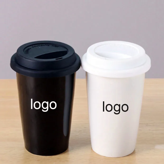 Custom double wall Ceramic coffee travel mug with silicone lid