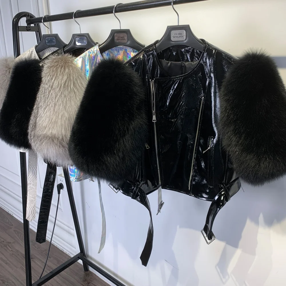 Crocodile texture fox fur jackets motorbike jacket women fur cropped sleeve leather clothing