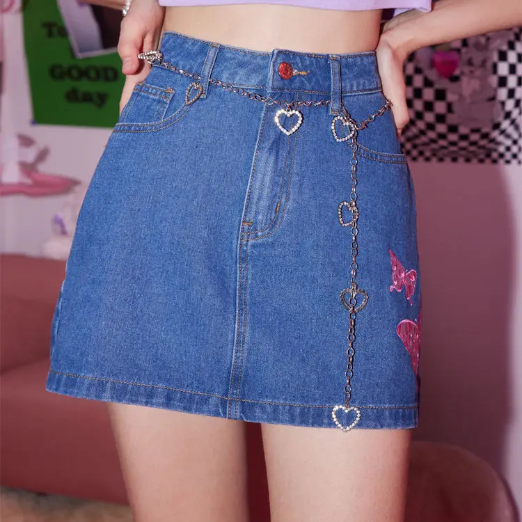 Casual Cartoon Skirts Embroidery Designs Mini Denim Jean Skirts Sweetness Butterfly Embroidery Denim Skirt