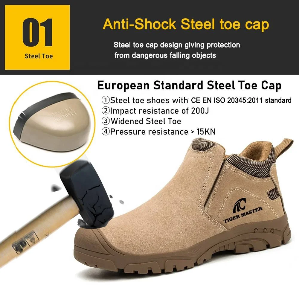 Non-slip rubber sole suede leather no laces anti puncture steel toe cap fashion welding shoes safety boots for men