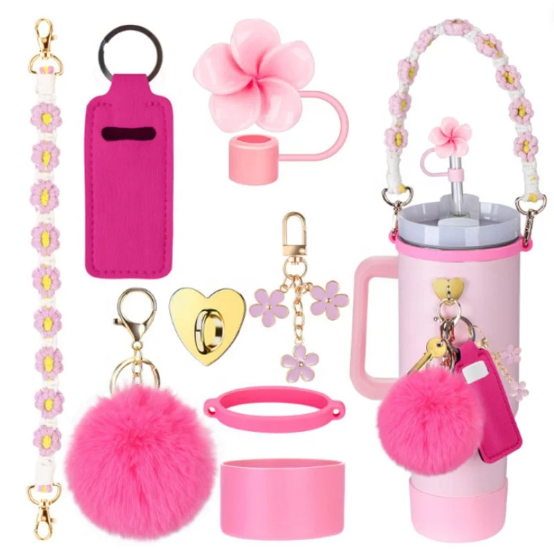 8Pcs Water Bottle Accessories Set Carry Handle Strap Hanging Pendant Lip Stick Holder 40oz Tumbler Cup Accessories
