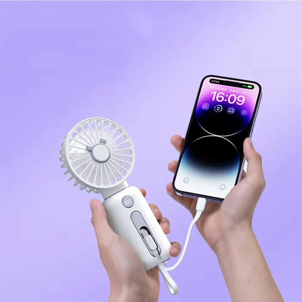 2024 New 5000/10000mah  Portable Built-in Dual Cable 2 in 1 Power Bank with Detachable 3 Speed Adjustable Fan 22.5W Fast Charger