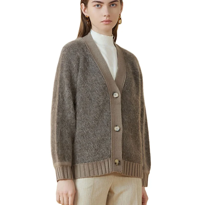 Luxury Custom Vintage Sweater Cardigan alpaca Autumn Winter New Versatile Angora Wool Womens Pure Color Sweater Coat