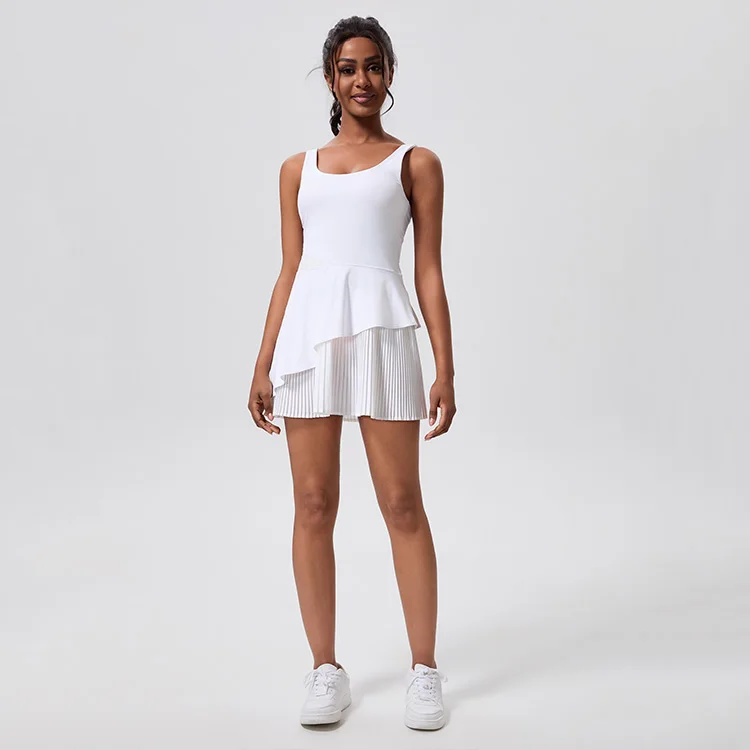 Hingto Custom White Irregular Pleated One Piece Tennis Dress With Anti-Exposure Shorts