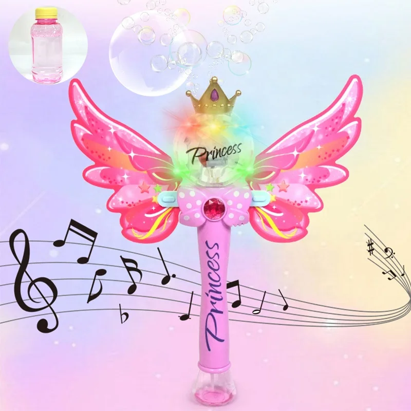 Samtoy Outdoor Toys Plastic Pink Magic Electric Light up Bubble Stick Machine Blower Butterfly Bubble Wand for Girls