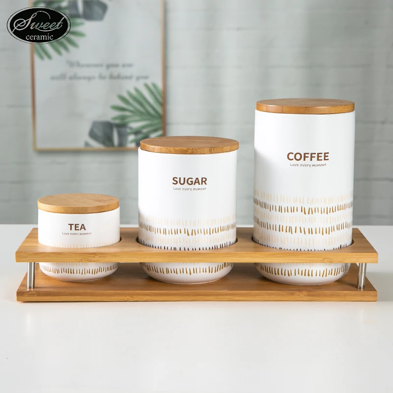 Wholesale  kitchen decorations ar 3pcs set Tea Coffee Sugar Storage Jar Ceramic Coffee Canister With Bamboo Wood Lid gift
