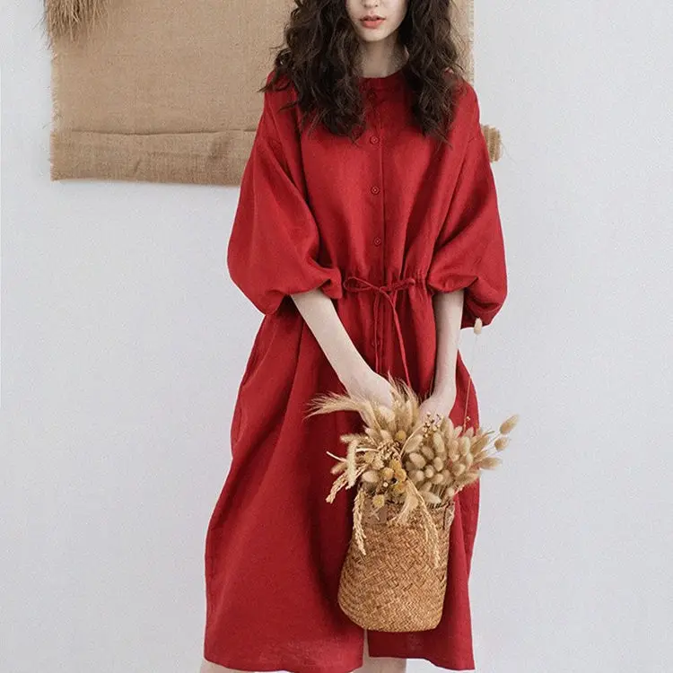 Hot Sale Korean Japan Fashion Cotton Linen Summer Women Dress Casual Puff Sleeve Vestido 2022 Cotton Dress Wholesale