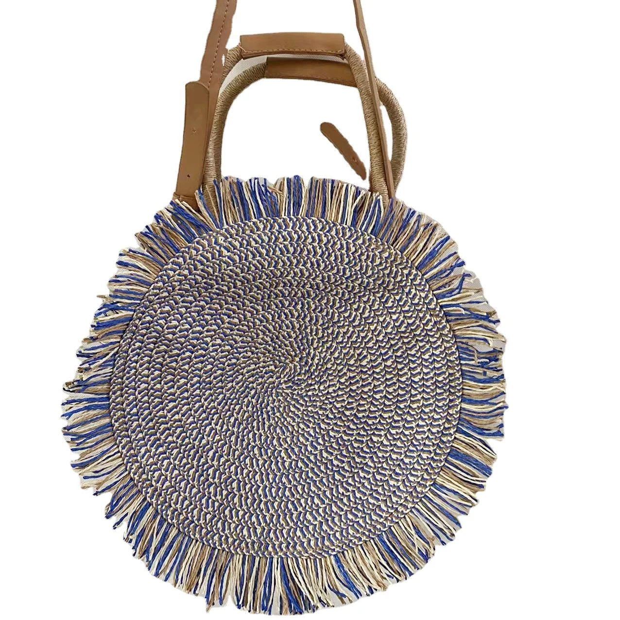 2022 New design China Supplier Woven Shoulder Natural Raffia Summer Bag Straw Tote Beach Crochet Paper straw Bags with pu handle