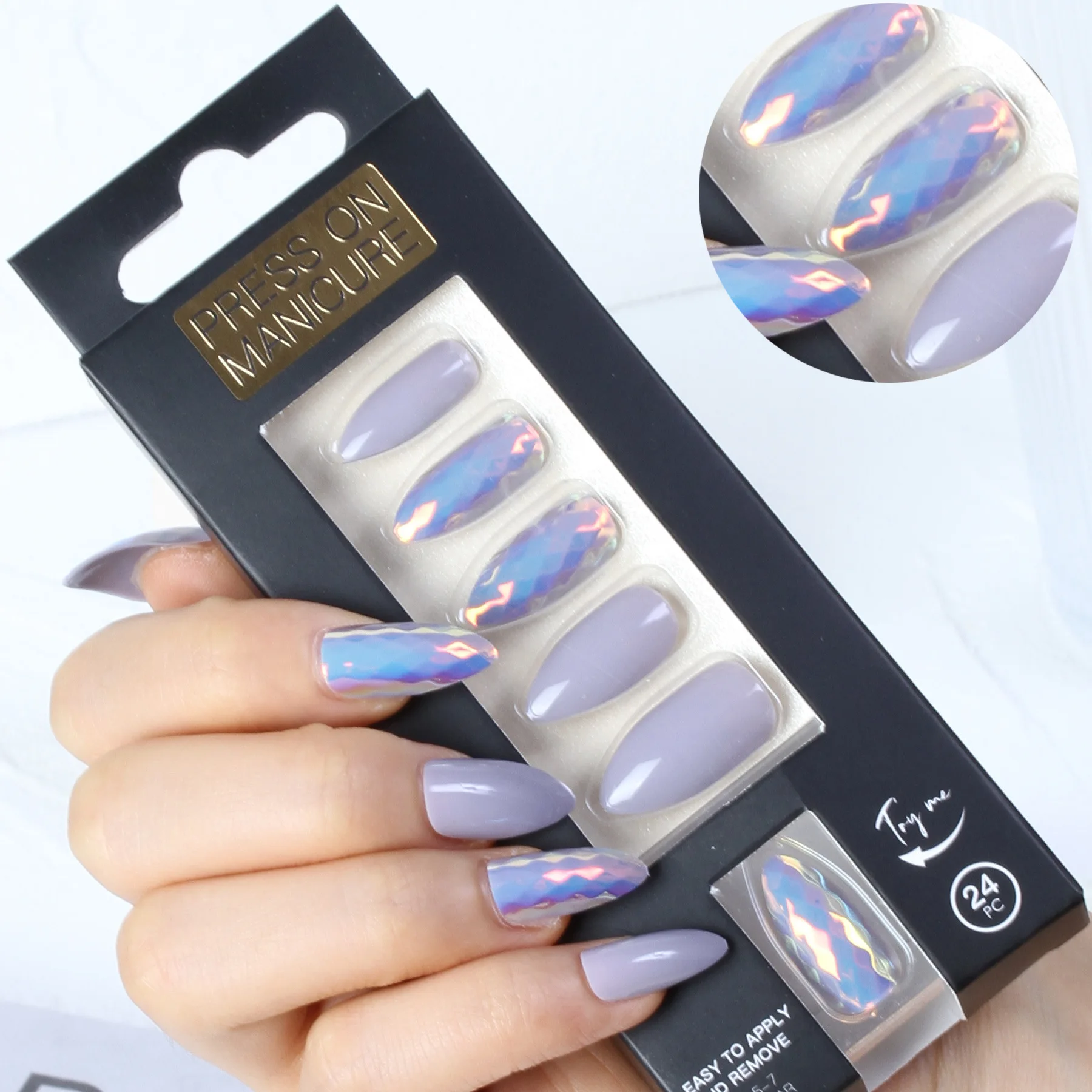 Cross-border foreign trade wear nails 24 pieces of finished products scale light mirror surface almond nails neutral packaging