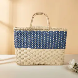 Fashion Casual Woven Handmade Ladies Straw Multicolor Basket Tote Bag Vintage Women Shopping Handbag Stick Handles Big Capacity