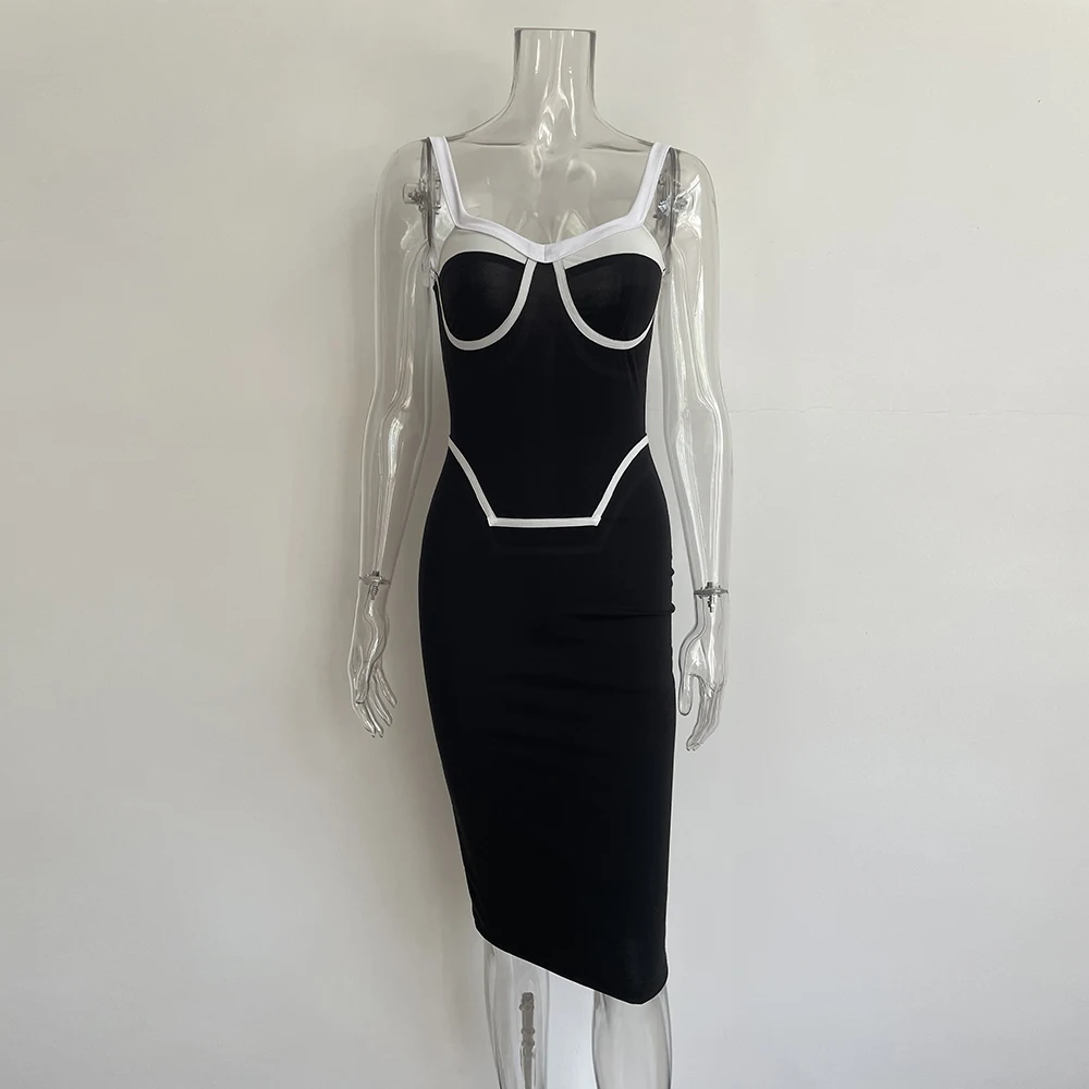 6360 Sexy White and Black Contrast Color Maxi Dress Fashion Sleeveless Sheath Party Dress Woman 2021 Robe Soiree