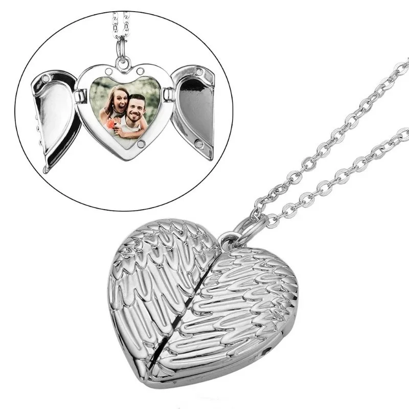 Hot Sale Memorial Heart Blank Sublimation Photo Locket Angel Wing Necklace