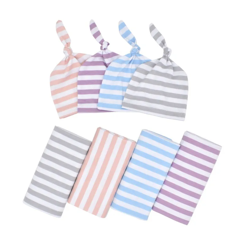 
Newborn Kids Holding Blanket Top Knot Headband Set Striped Pattern Soft Cotton Baby Blanket 