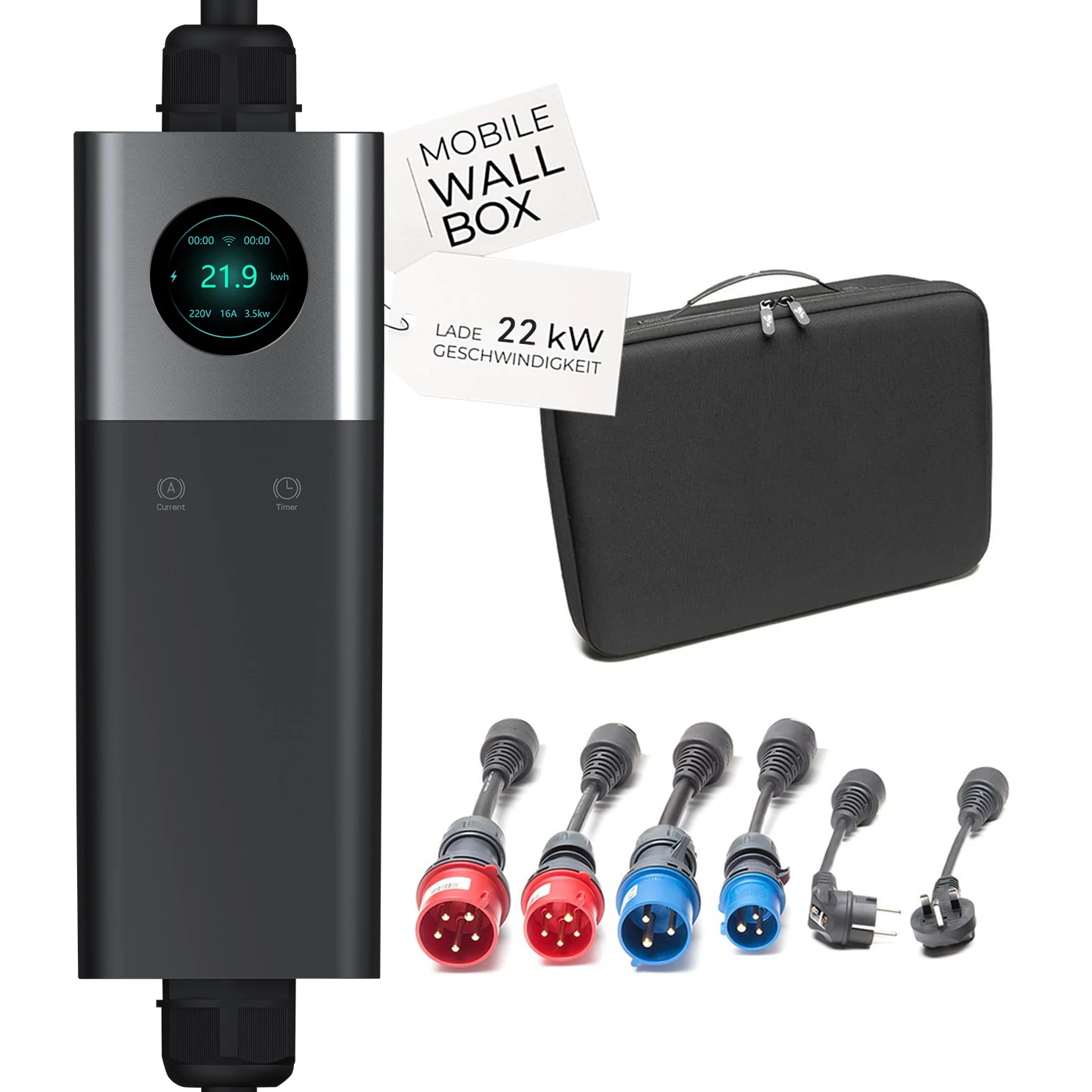 Mobile 11KW Portable Wallbox  3.5kW - 22kW Portable EV Charger Type 2 Charging With CEE Schuko NEMA Adapter