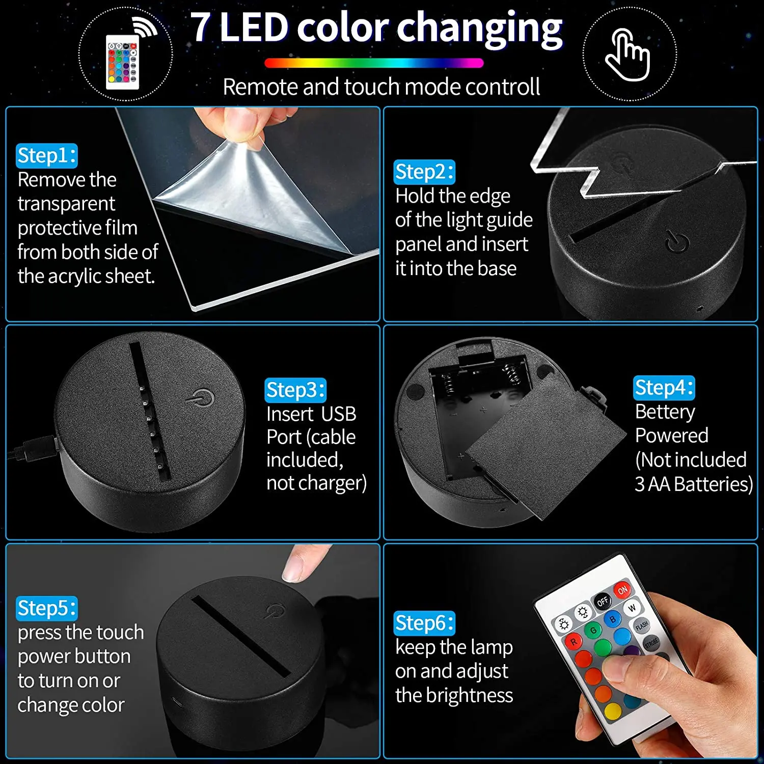 Factory Wholesale Abs 7 Color Change Touch Control Remote Control 3d Led Lamp Base For Illusion Acrylic Night Light