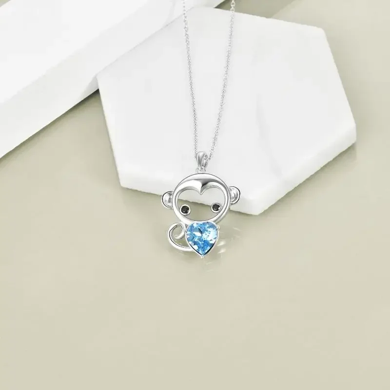 Cute Animal Jewelry Women Girls 925 Sterling Silver Crystal Cubic Zircon Necklace Monkey Heart Pendant Necklace