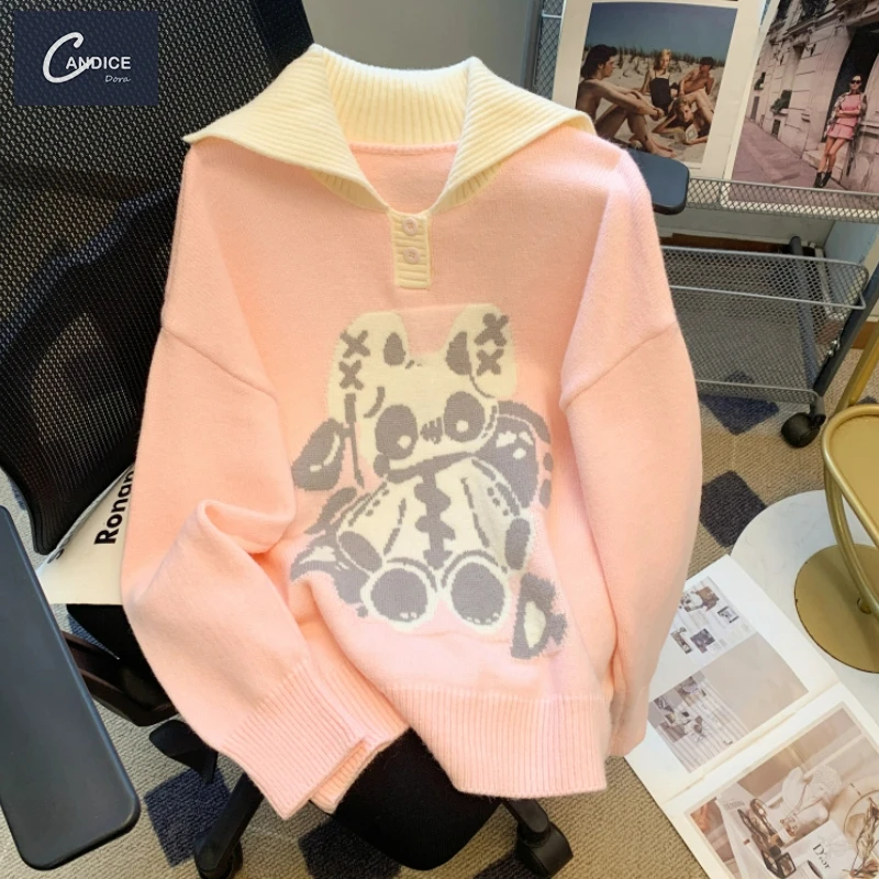 Candice Solid color loose soft glutinous knit top cartoon sailor collar sweater