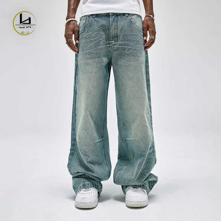 High Street Oversized Loose Diamond Denim Pants Custom Rhinestones Baggy Jeans Men Crystal Embellished Jeans