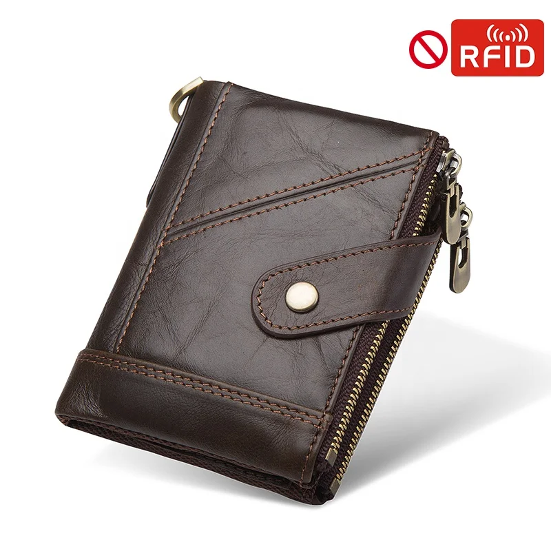 High quality wholesale short metal zipper wallet personal custom genuine leather rfid wallet for men (1600153568865)