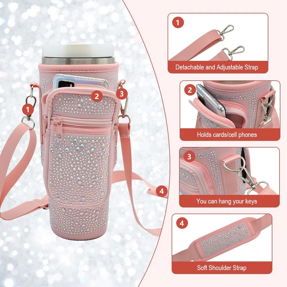 Zipper pouch neoprene 40oz bling rhinestone tumbler cup crossbody sling water bottle carrier bag with shoulder strap for stanley