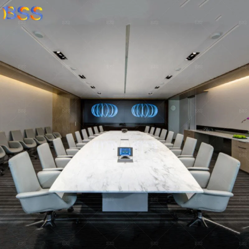 BSS Wholesale Modern Style 14 foot Long 16 Seater Marble Top Office Boat Shape Boardroom Desk And Chairs