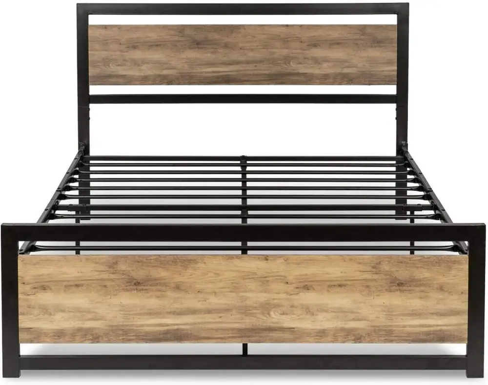 
Full Size Metal Bed Frame with Wood Headboard Platform Bed Frame Strong Slat Support Easy Assembly 