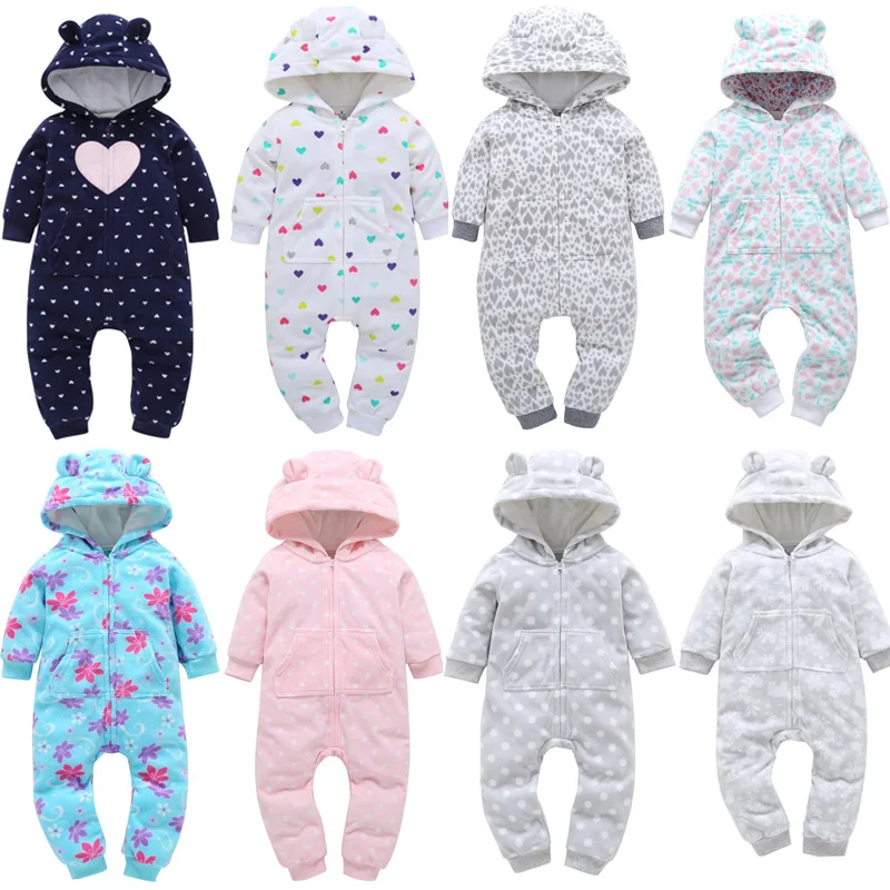 ecowalson Newborn Cotton Heart Printed Baby Clothes Hooded Warm Long sleeved Baby Rompers Baby Jumpsuit