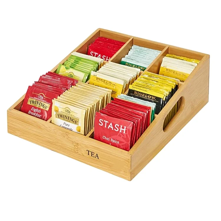 Adjustable 9 Compartments Bamboo wooden white tea box packaging wooden box for tea bags With handle