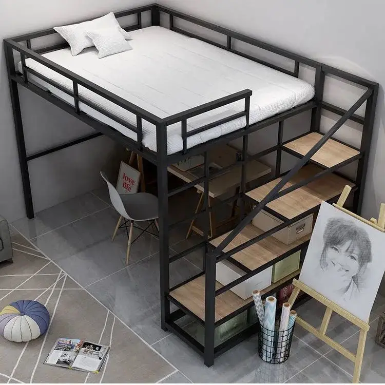 New Design Double Queen Size Heavy Duty Steel Metal Home Hotel Hostel Use Bed Adult With Wood Stair Bunk Bed