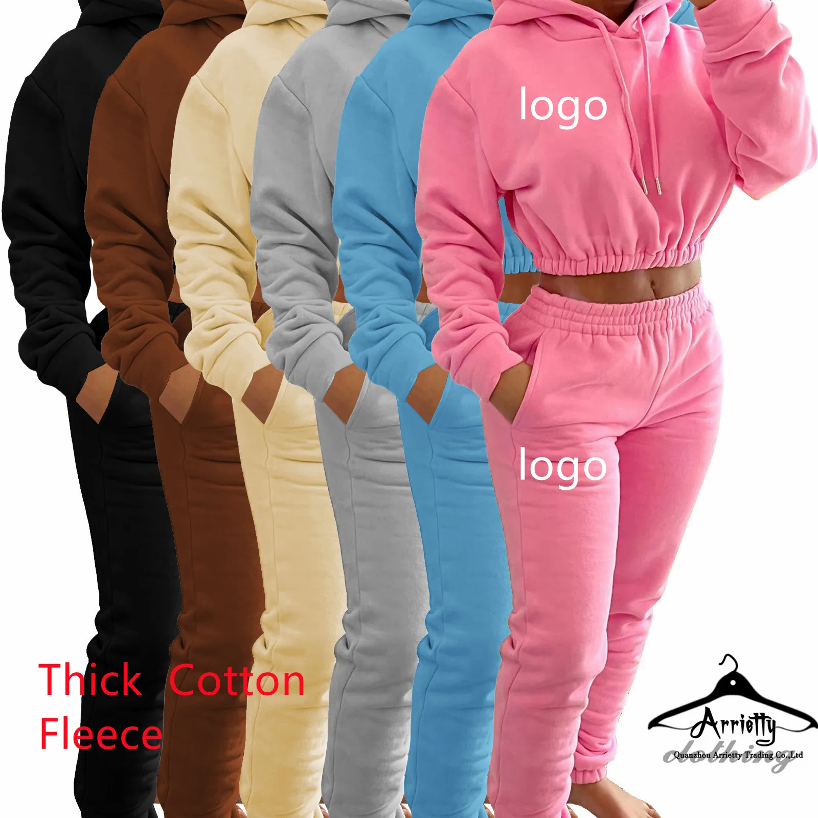 Оптовая продажа, зимняя укороченная толстовка с капюшоном и спортивные штаны, комплект для бега, плотный флисовый женский спортивный костюм, штаны для бега, комплект из двух предметов