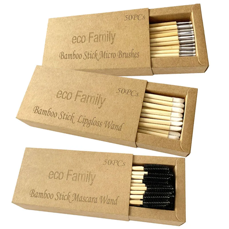 50 ct Bamboo Stick Mascara Wand Lint-free Applicator Micro Brush Eyelash Brushes in Kraft Paper Matchbox