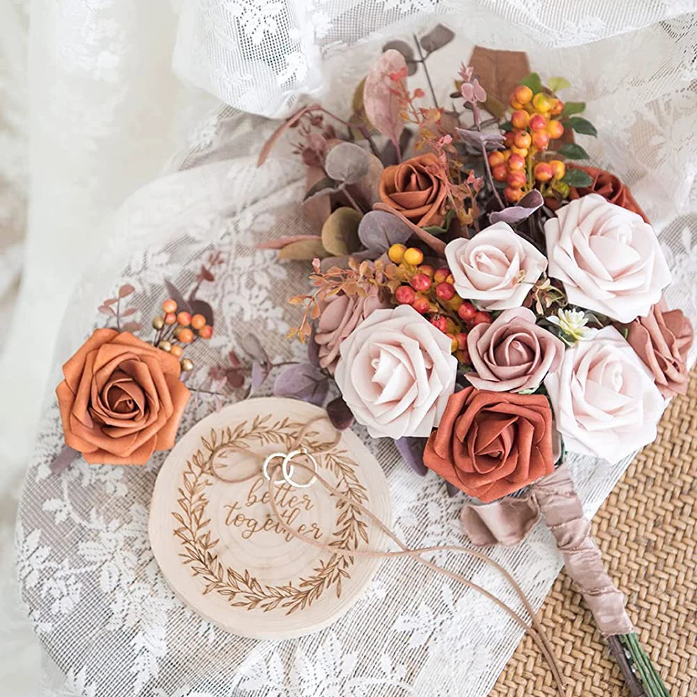 Ombre Artificial foam PE roses flowers shades of burnt orange rose for runner wedding table flower arrangement