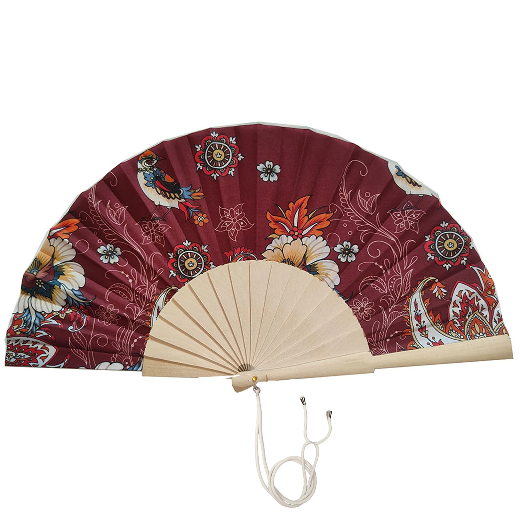 High quality wholesale 23cm original color wooden folding handheld fan fabric wood handmade fan with hook and rope