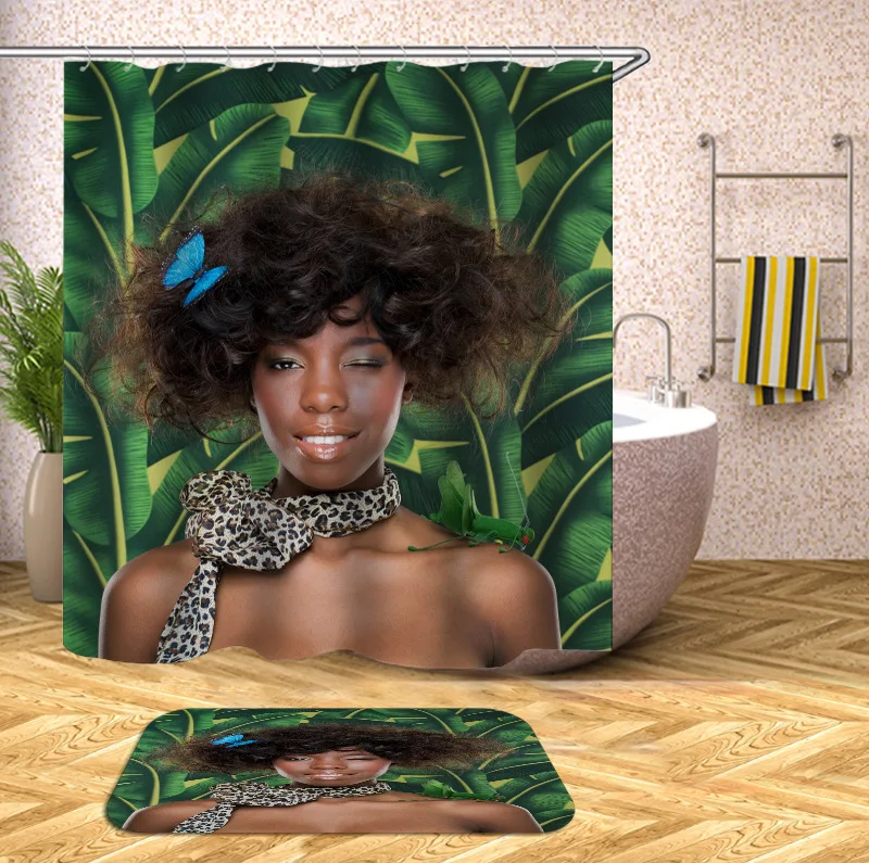 2022 Wholesale Custom Modern 3D Printed African Black Girl Bath Shower Curtains