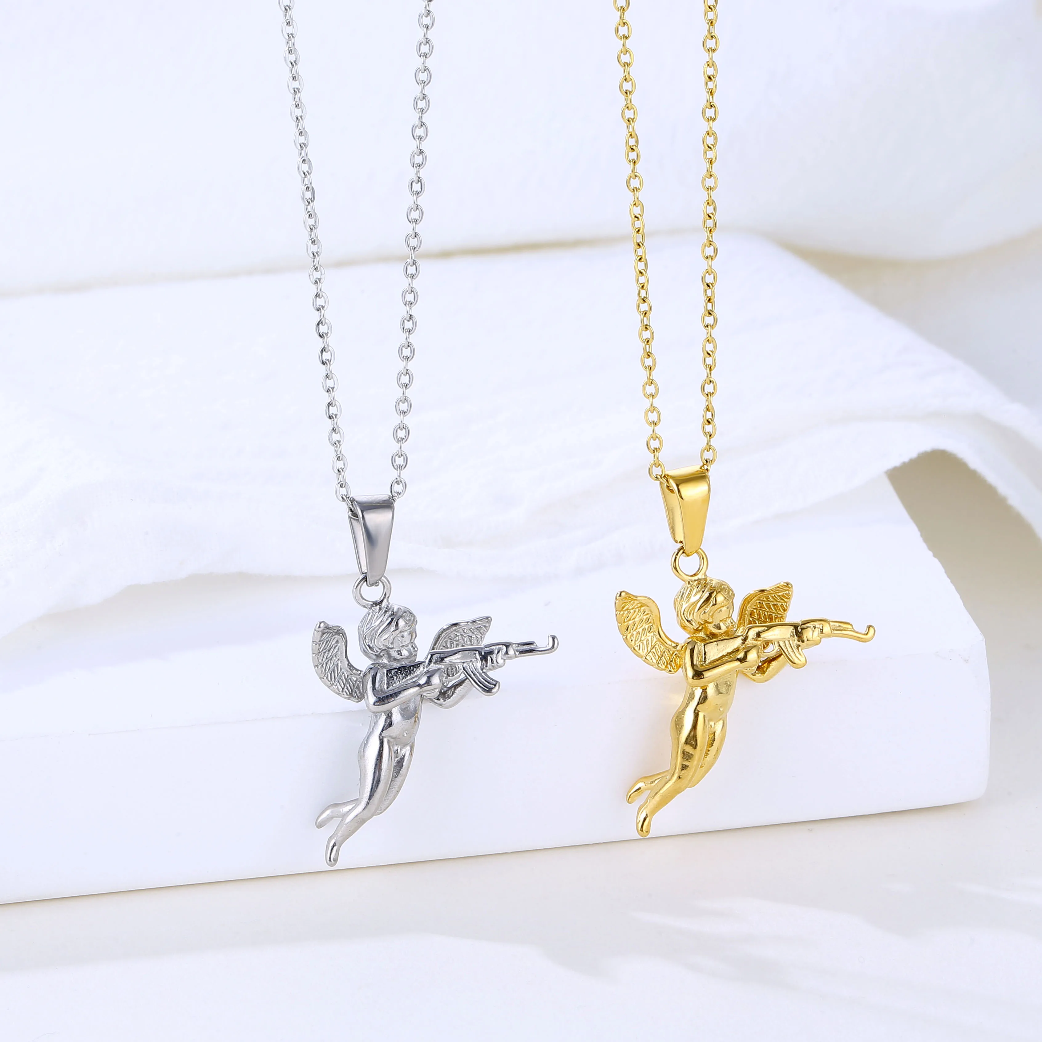 Wholesale Jewelry 18K Gold 3D Revenge Gun Angel Lion Head Praying Angel Pendant Necklace Stainless Steel Silver Chain Necklace