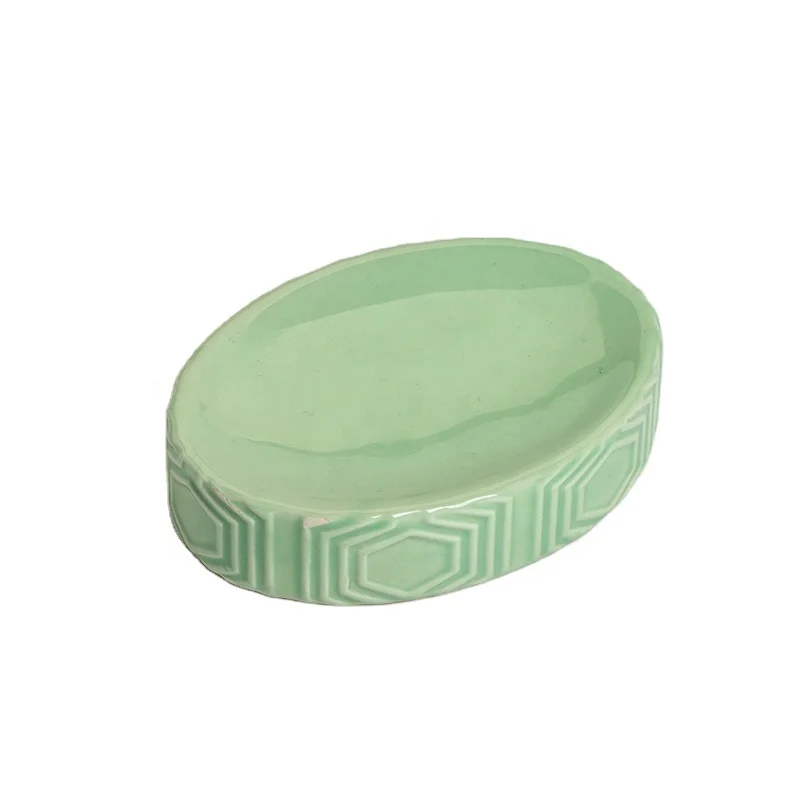 Modern minimalist green rhombus embossed oval irish spring soap dishes ceramic soap holder