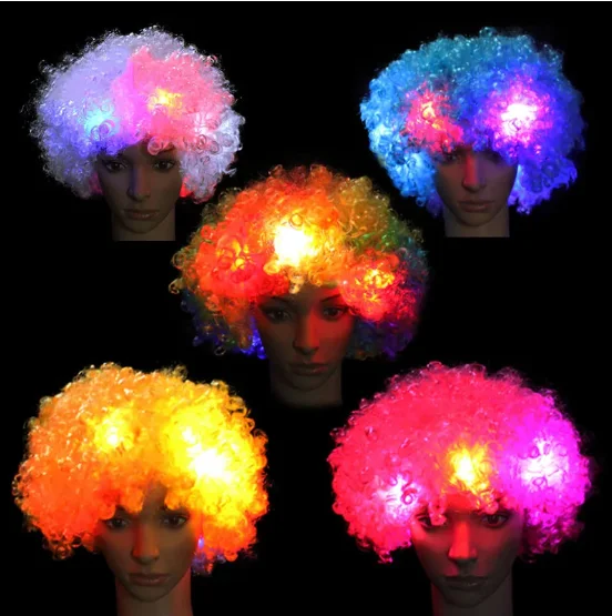 Hot Selling Party Led Wig With Light Football Fans Cheering Light Short Curly Flash Explosion Wig Hair Led Wig