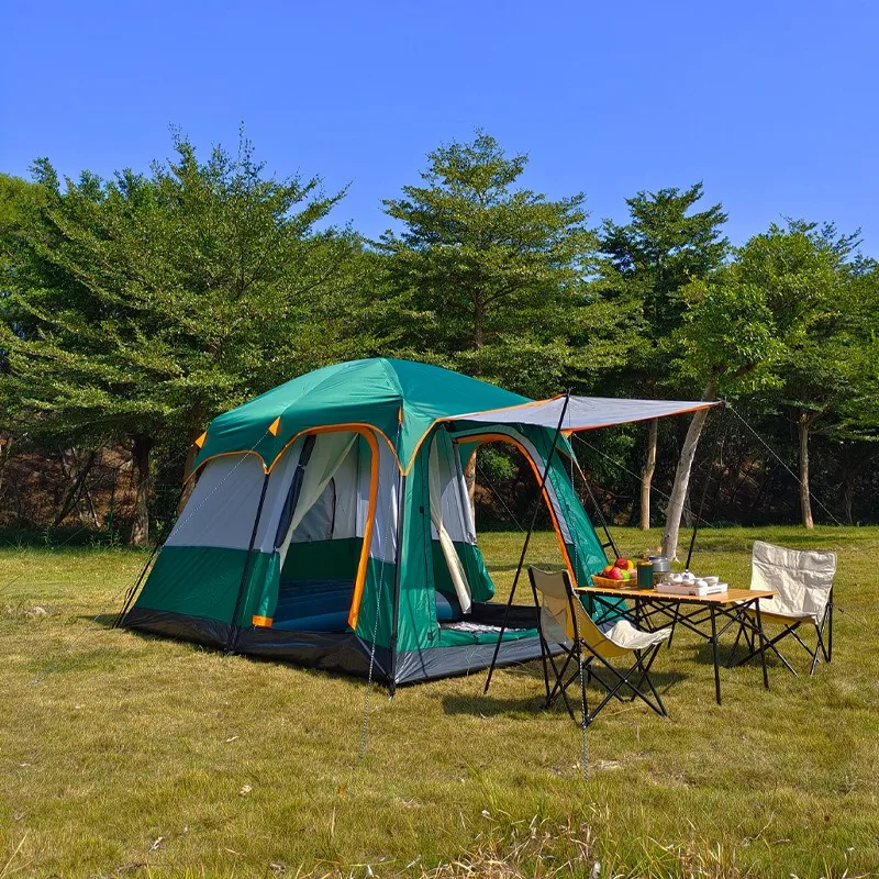 Outdoor double-decker camping waterproof portable tent 2 rooms 1 living room large space 8-12 people family tent