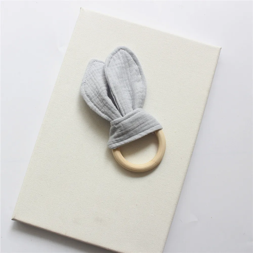 Baby Wooden Ring Teether Soft Cotton Rabbit Ear Comforting Toy Teething Sensory Rattle Shower Gift for Infants Newborn