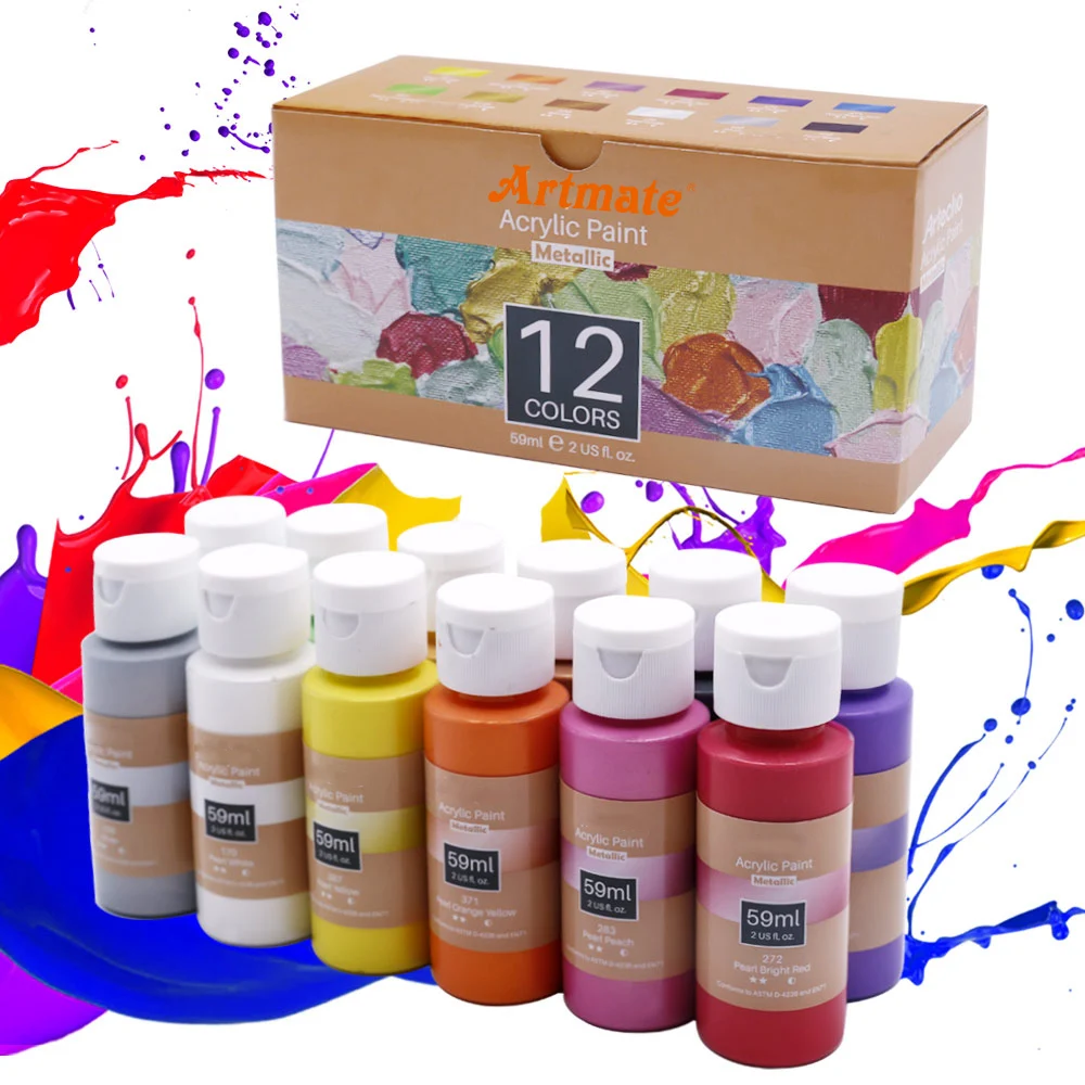 Artmate Acrylic Paint Art Set 12 Metallic Colors 2 Ounce/59ml,Acrylic Paint Set,Acrylic Paints for Students and Artists