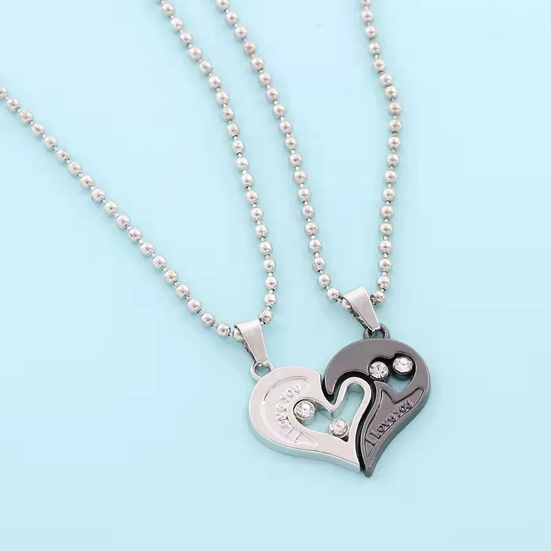 Hot Sale Couple Crystal Heart  Necklace 2pc Pair of Two Tone Heart Pendant Jewelry Necklace For Lovers