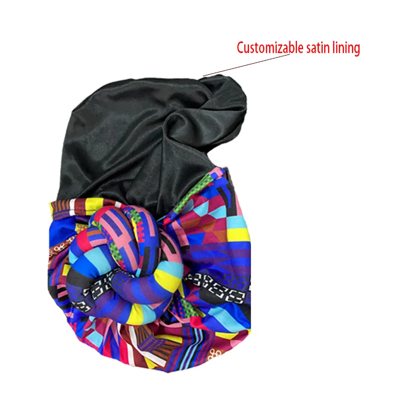 African Custom Satin Lined Print and Soild Color Head wrap Hat Polyester Headband Top Knot Turban for Women